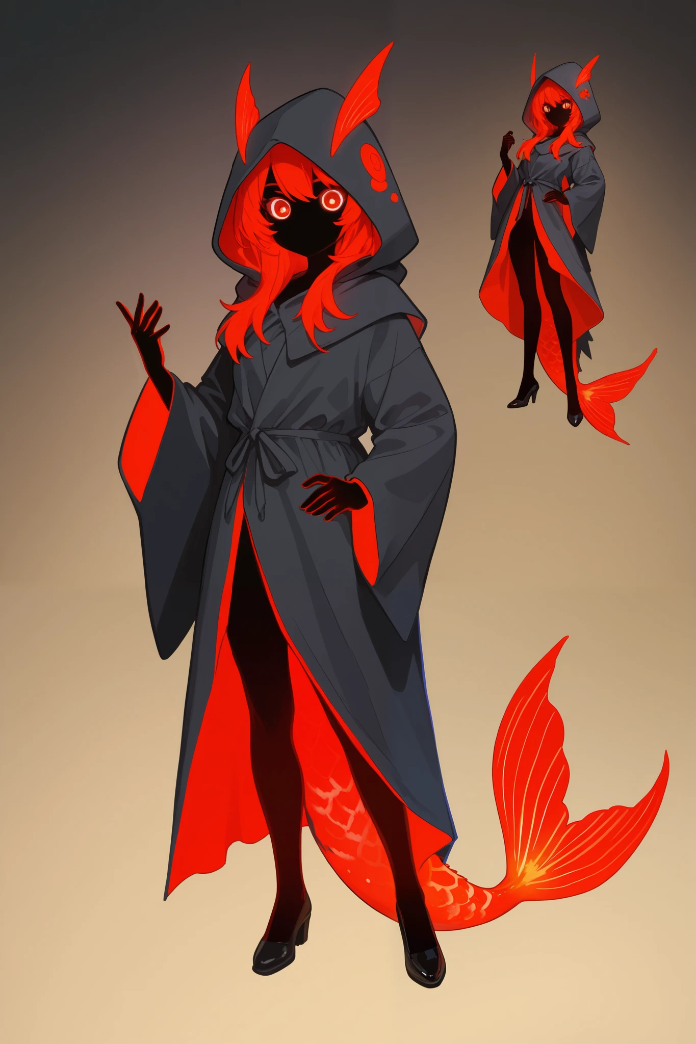 Character design, Cloacked figure, using dark grey robes, glowing red eyes, blue and red koi fish tail