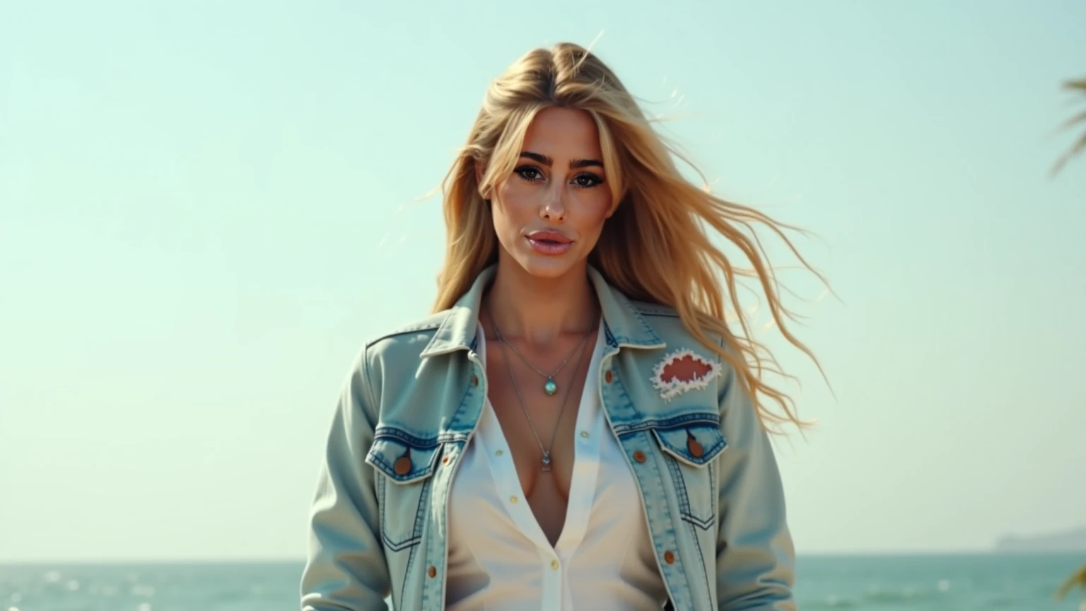 picture, best quality, a sexy 30yo beautiful BL<lora:BL:1.0>, long hair, looking at viewer, blonde hair, grey eyes, lips, beach at sunset background, casual clothes, makeup, realistic, 8k, hdr