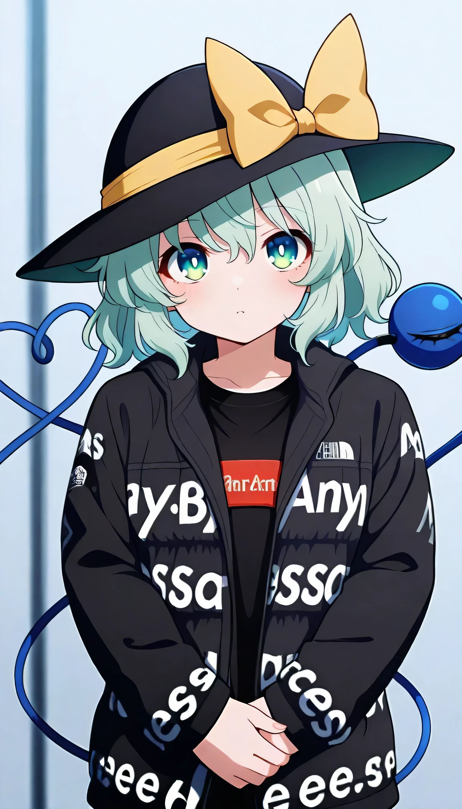 komeiji koishi, 1girl, solo, third eye, eyeball, heart of string, green hair, green eyes,
black hat, hat bow, hat ribbon, d0j1m
meme, black jacket, black shirt, long sleeves, clothes writing, english text, logo, brand name imitation, straight-on, own hands together,huge breast