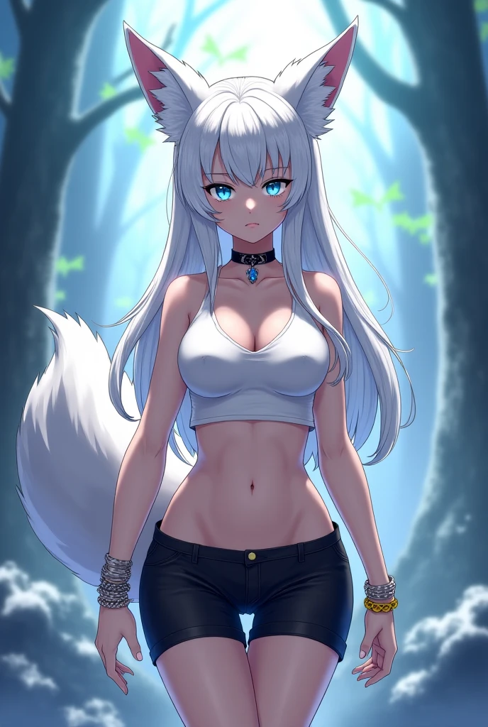 Albino Wild White Wolf, Goddess of the Jungle, Anthropomorphic she-wolf, There is a white wolf's tail, Very long messy hair and long bangs, beatiful face, ((A wary expression on the face of a distrustful person)), is looking at the camera, cos: covered with wolf hair, skin color: Bright white, sweaty body, Body glare, ((pretty eyes)), red-eyes, ((Perfect Sexy Figure)), Ideal body shapes, big thighs, ((sophisticated and beautiful)), ((Wild Clothes: The white loincloth is torn and dirty, White ripped and dirty top)), Fighting stance sitting on all fours - preparing to attack, Full-length, Background: Nocturnal Wild Jungle, Depth of field, ((ultra quality)), ((tmasterpiece)), Clear image, crisp details, Realistic, professional photoshoot, Clear Focus, the anime, Colorfully drawn, NSFW