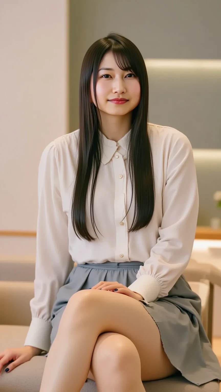 Japan woman kneeling on the floor in office, Real life women, (((Girl is squatting)))、 Wear a black uniform , long skirt、Photorealsitic, Casual pose, A charming、(realisitic、Photorealsitic:1.4)、(8K、Raw photography、top-quality、masterpiece:1.2)、cute little、ultra-detailliert、physically-based renderingt、超A high resolution、Kodak Vision Color、Shooting with an LT camera、bokeh dof、foco nítido、 looking at viewerer、Photorealsitic、realisitic、独奏、Photorealsitic、top-quality、extra detailed face、extremely detailed eye and face、beatiful detailed eyes、absurderes、incredibly absurdness、haunting smile、hair messy、Floating hair、a smile