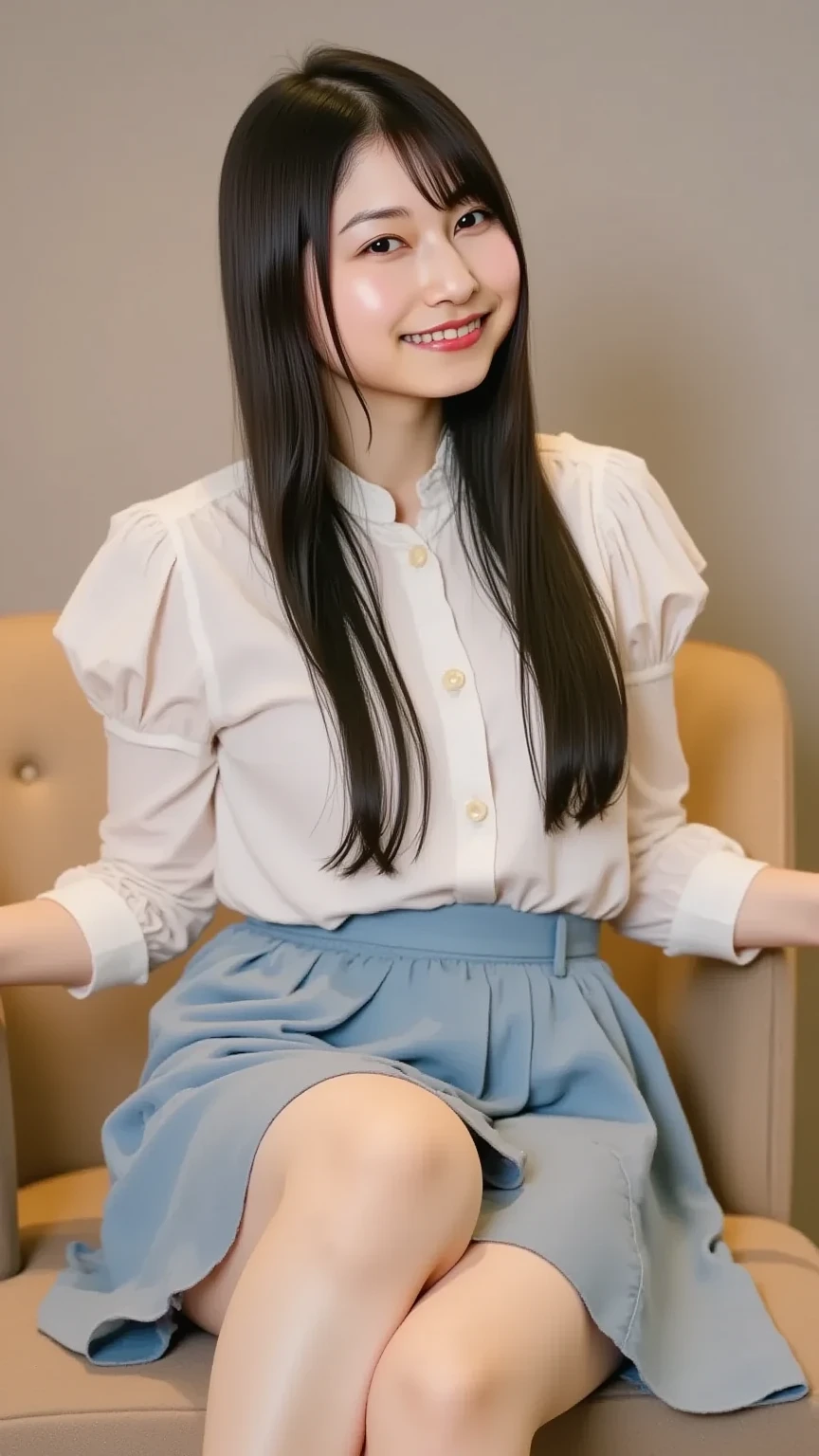 Ultra-Realistic Images、Cute Japanese Girl,5Year-old twin sisters images,One of them is wearing a white frilly blouse, a red miniskirt and navy blue knee-high socks.,The other is wearing a light blue frilly blouse, a pink miniskirt and white knee-high socks.,White panties are visible,Put your hands inside your skirt,Fingers are not visible、smile,Thighs,share,knees,Long black hair,round face,From below,In the bedroom