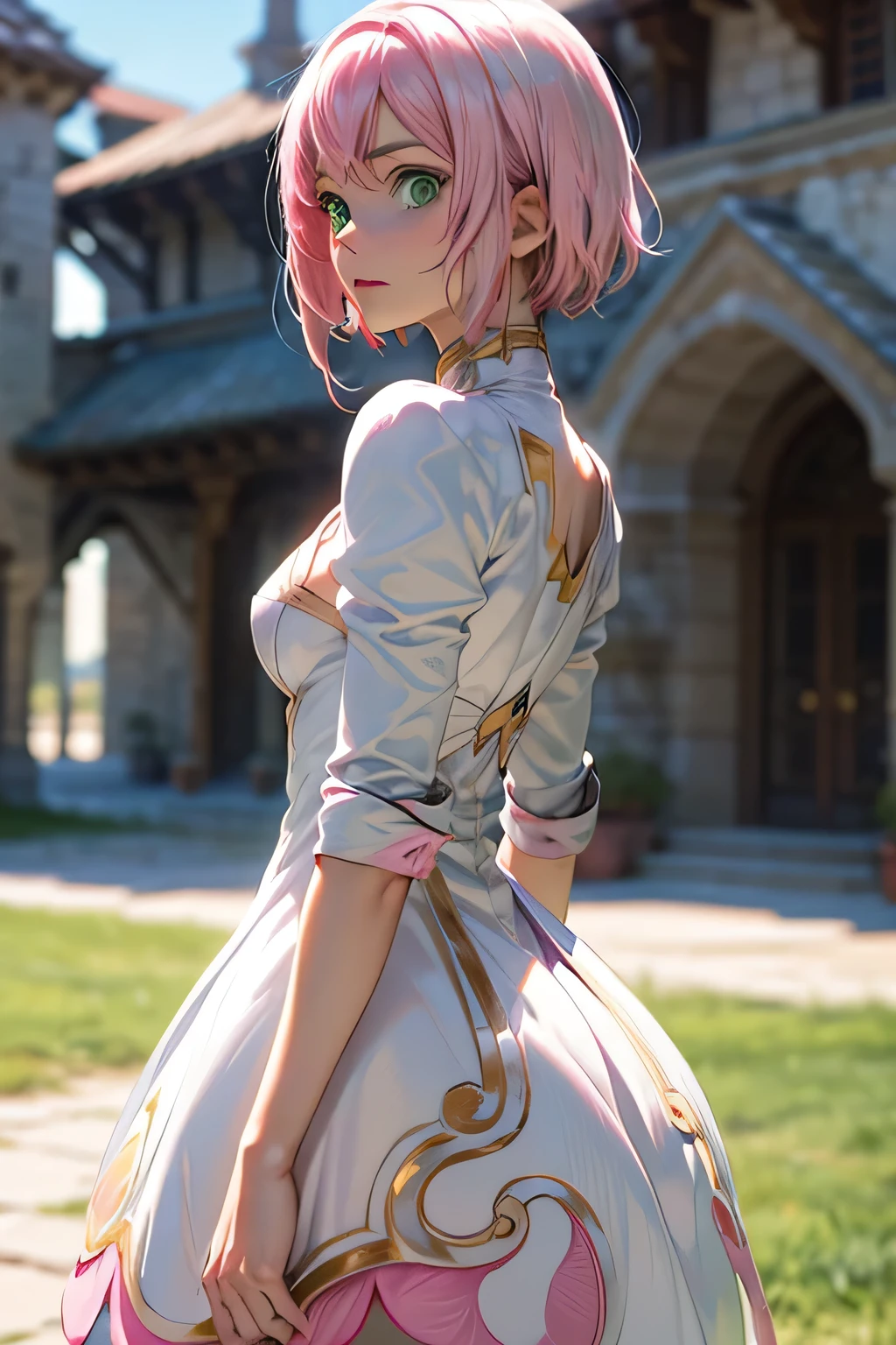 perfect anatomy　top quality,highest resolution,(((White shiny dress　green eyes　pink hair　small breasts)))　Estellise　[blurry]　16K　Castle