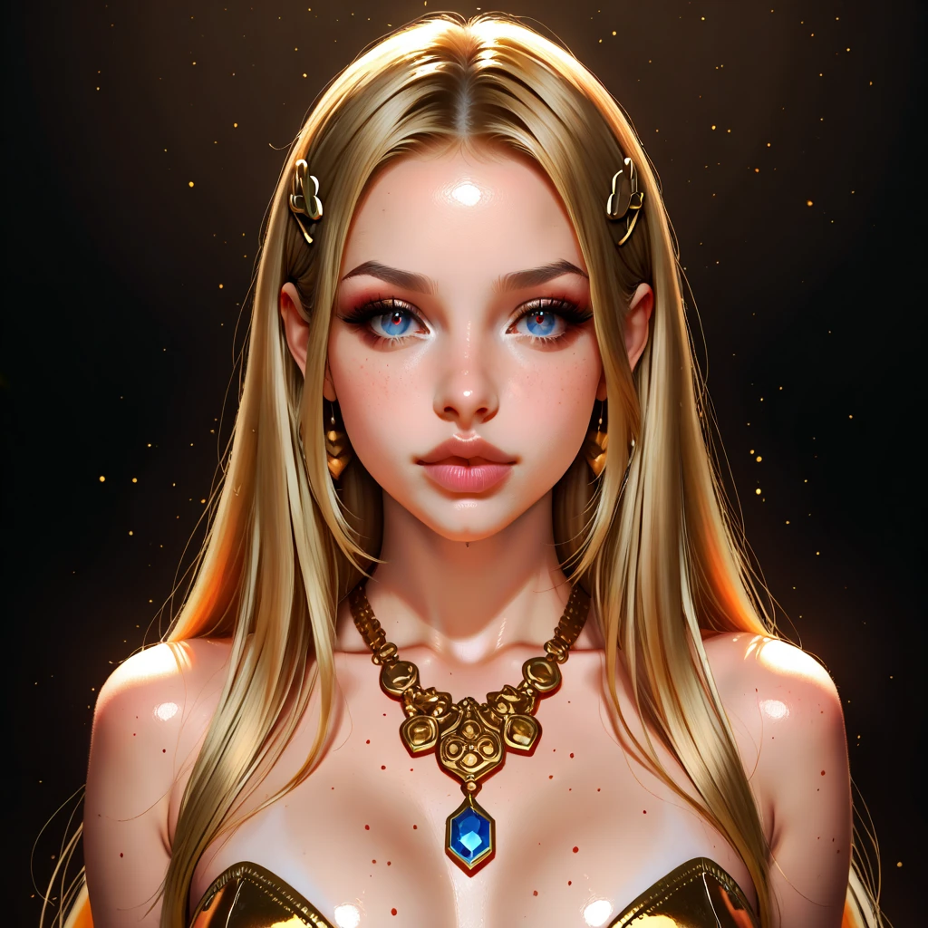 white girl with straight blonde hair, blue eyes, slim, wearing a black swimsuit with a Big prims opening at the navel, holding a wand, black background + big breasts + big cleavage