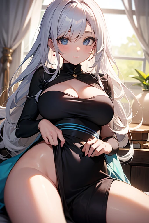 Beautiful girl with bunny ears、Grey Hair、Bobcut、Holland Dwarf Lop Ear Rabbit、Cleavage、Thighs、Grey quilted mini skirt、Troubled face、Dark Eyes、Well-shaped breasts、White summer knitwear、Medieval European Western-style Room、Sit on the sofa、Leaning forward、