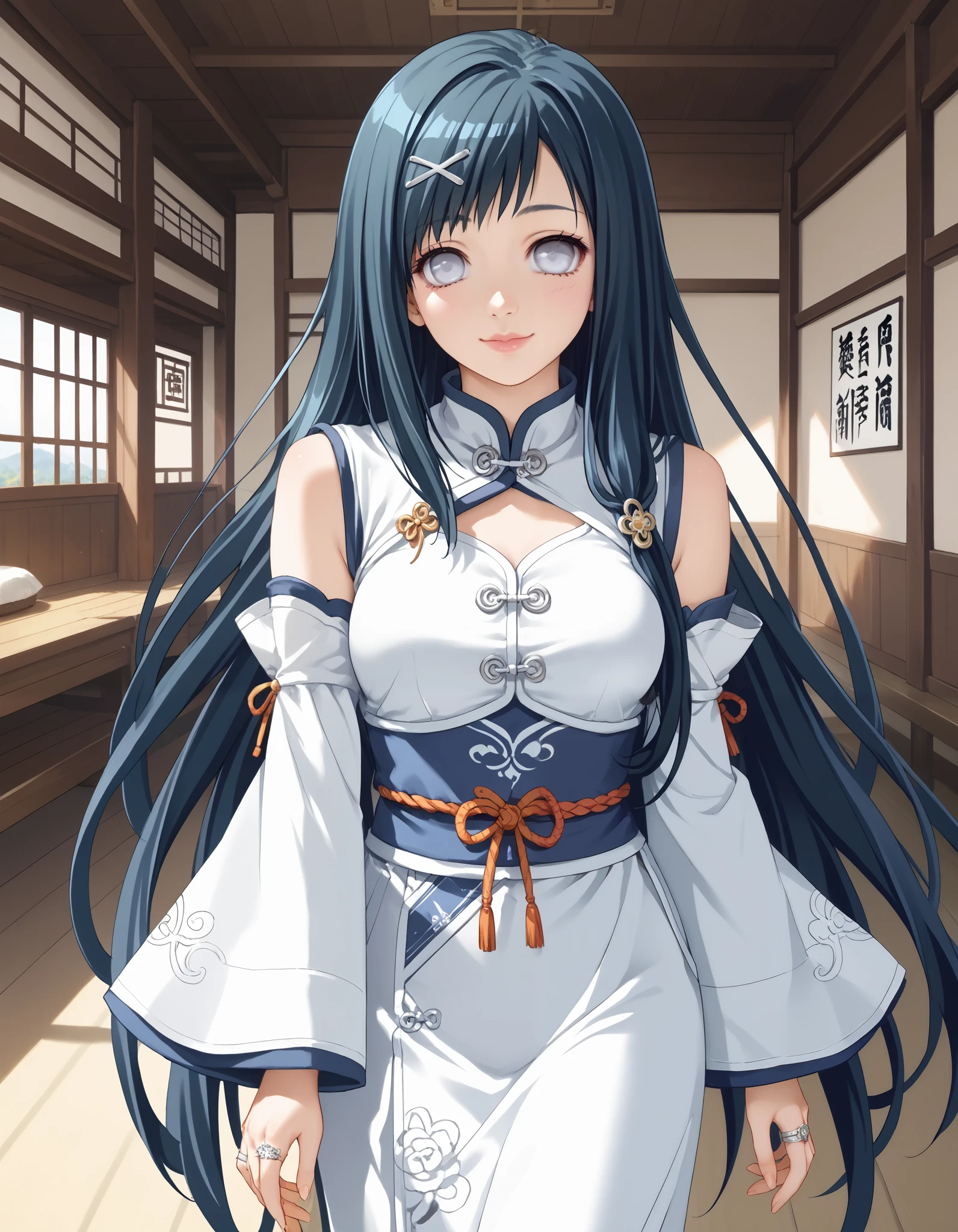 score_9, score_8_up, score_7_up, source_anime, solo, 1girl, piafumika, dark blue hair, big eyes, ring, white eyes, tareme, lips, smile, closed mouth, very long hair, detached sleeves, swept bangs, asymmetrical sidelocks, long sidelock, x hair ornament, medium breasts, hair ornament, pelvic cutout, white clothes, grey details, chinese style, cowboy shot, dojo, indoors
