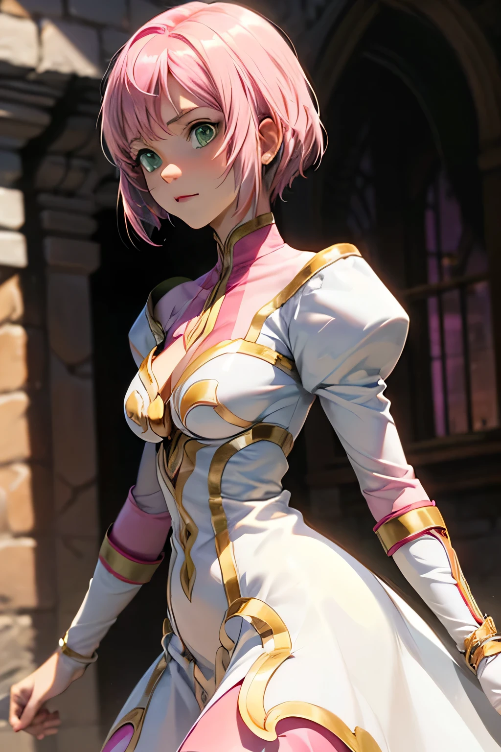 perfect anatomy　top quality,highest resolution,(((White shiny dress　green eyes　shiny pink hair　small breasts　shiny skin)))　Estellise　[blurry]　16K　Castle