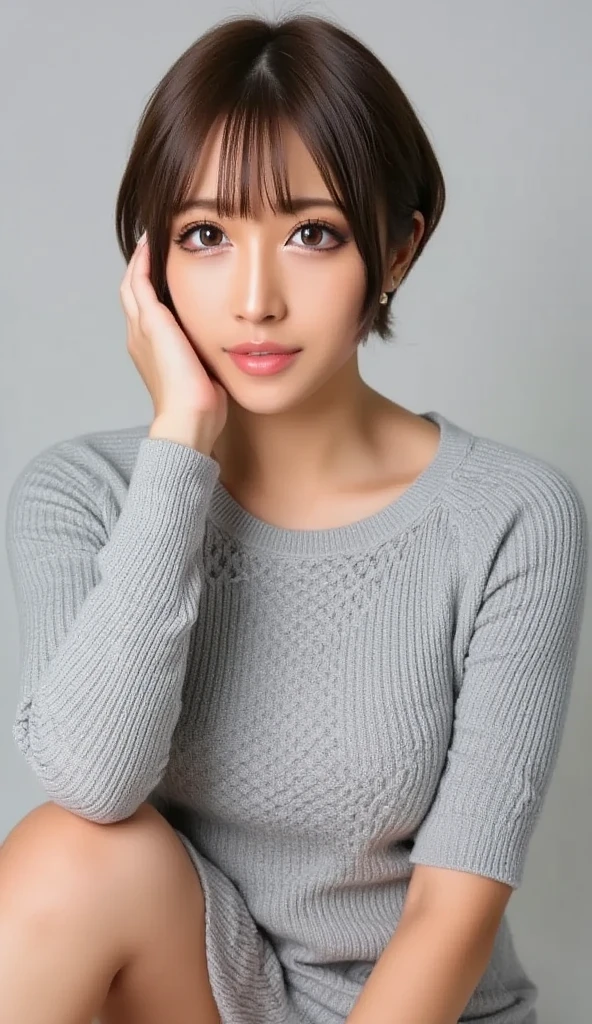 (red lips:1.4), full body, (turtleneck cable knit oversize sweater dress:1.2), , 1girl,solo,
(8k, RAW photo, best quality, masterpiece:1.3),(realistic, photo-realistic:1.37),realistic skin texture,(photorealistic:1.3),(hyperrealistic:1.2), (short hair:1.4) , seducting pose, (white colored clothes:1.7), (white hair:1.7), (seducting smile:1.4), (detached sleeves:1.4), (cheek dimples:1.4), (narrow shoulders:1.7), earrings, golden necklace, 