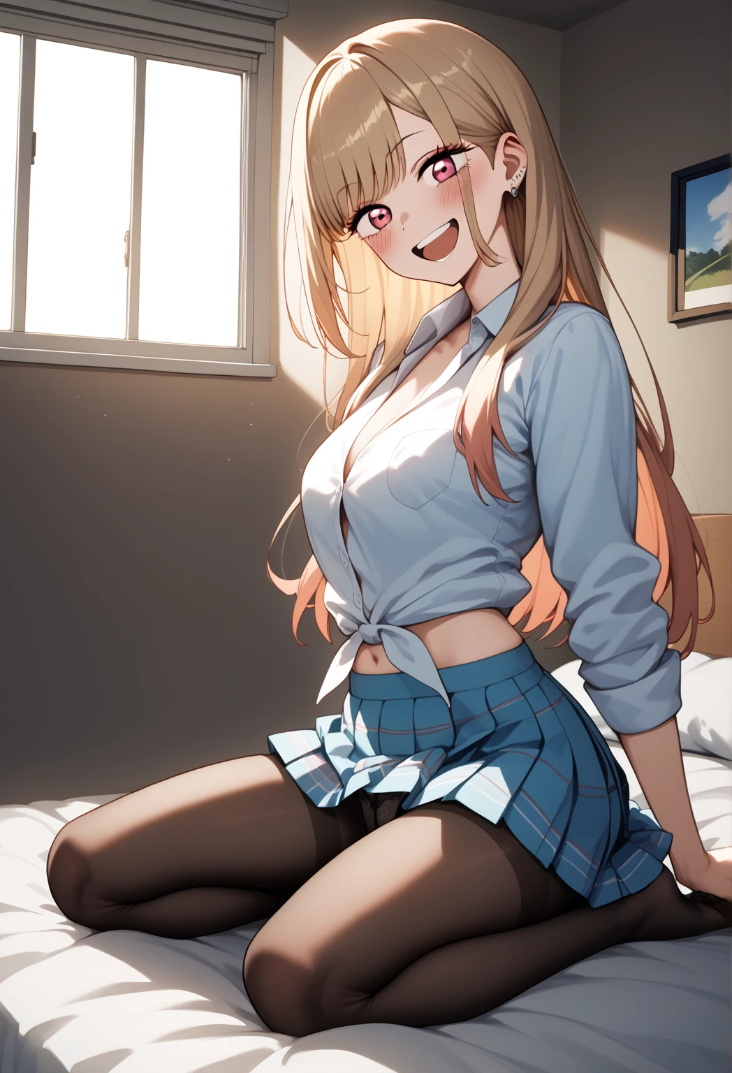 ((4K, masterpiece, highest quality)), 1 girl, anime, Light brown SHRT hair, red eyes, medium breasts, cute, blush, Sweat,pleated skirt, underwear, spread your legs, Thighhighs, Thighhighs