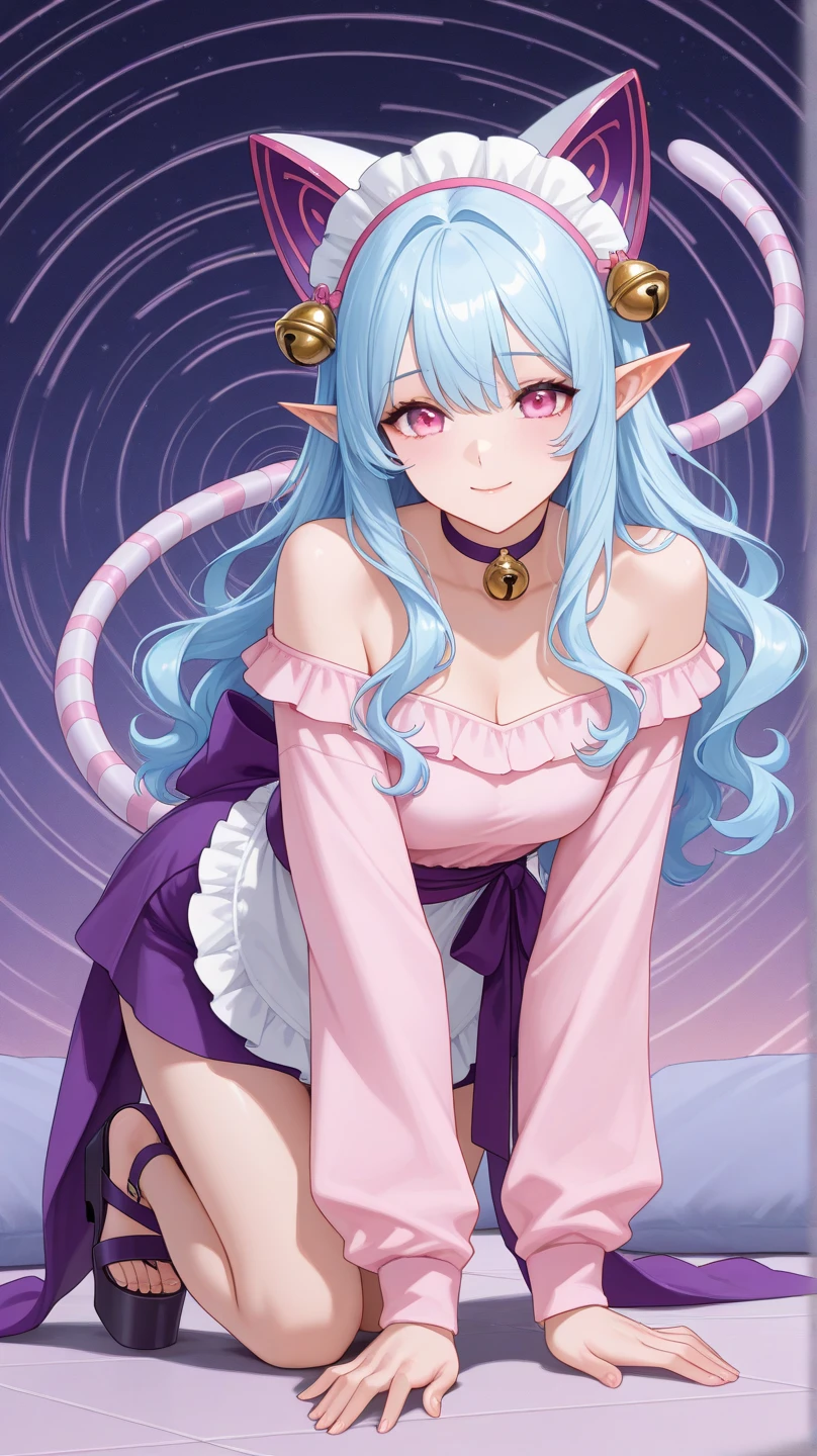 (fantastic), (from below), 1girl, large breasts, (long hair, purple hair, yellow eyes, pointy ears, horns, circlet, earrings, choker), detailed lace kawaii pajamas, sit, happy, smile, (giant hugging a stuffed toy:1.3), (white pegasus toy), (depth of field:1.3),portrait, on the bed, bed room, (heart background:1.3), masterpiece, high quality, best quality, beautiful, hd, perfect lighting, detailed face, detailed body, masterpiece, best quality, intricate details, 8k uhd, perfect face, perfect eyes