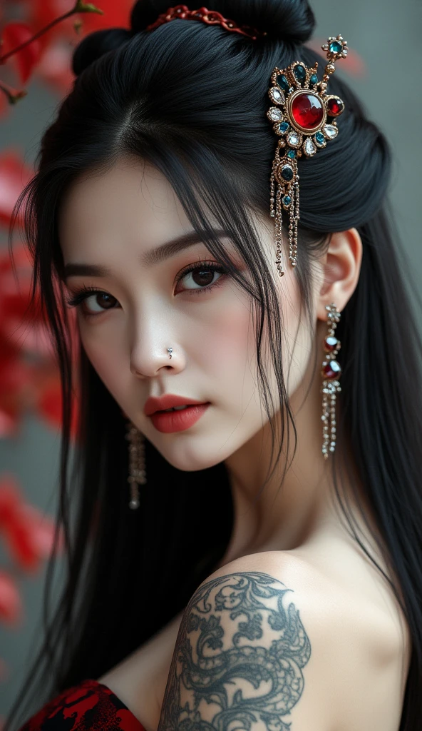 photorealistic, high resolution, soft light,1women, solo, hips up, shinning skin, (detailed face), jewelry, tattoo, super long hair, sperm on her face (facial), black hair, long hair