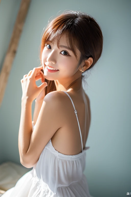 8K, Raw photography, portlate, Kamimei、short-hair、top-quality, 超A high resolution、鎖骨、Onepiece、Braids、window、Photorealsitic, 1人, full body Esbian, redhair, Green eyes、piercings, A smile, Eye lashes, 电影灯光, depth of fields, lensflare、Very big
