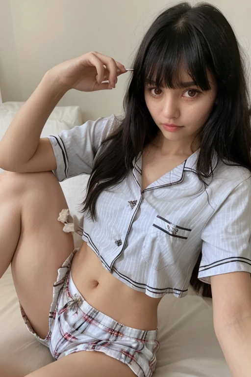 8k,Japanese,,innocent face,teenage girte,summer clothes,everyday wear,sitting,black hair,on the bed,coastline,hair clip,night view,starry sky