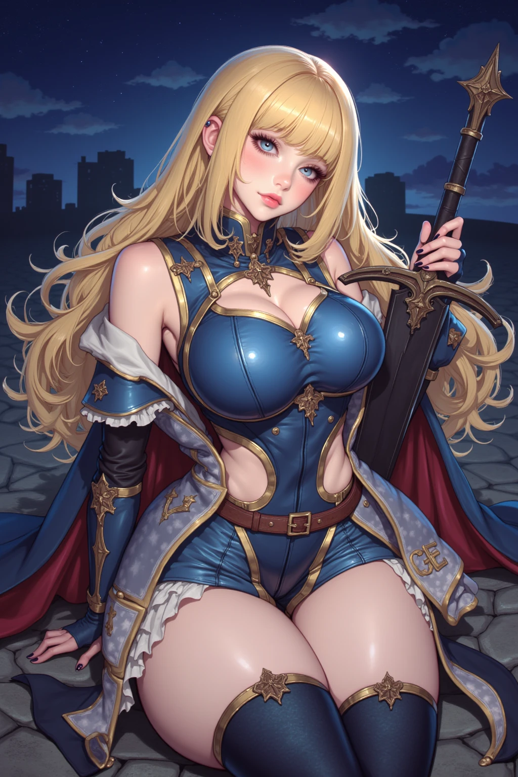 voluminous hair, big hair, big breasts, swordswoman,(fully clothed skintight), (black armor), Arab woman , standing in an open battlefield holding sword, ahegao