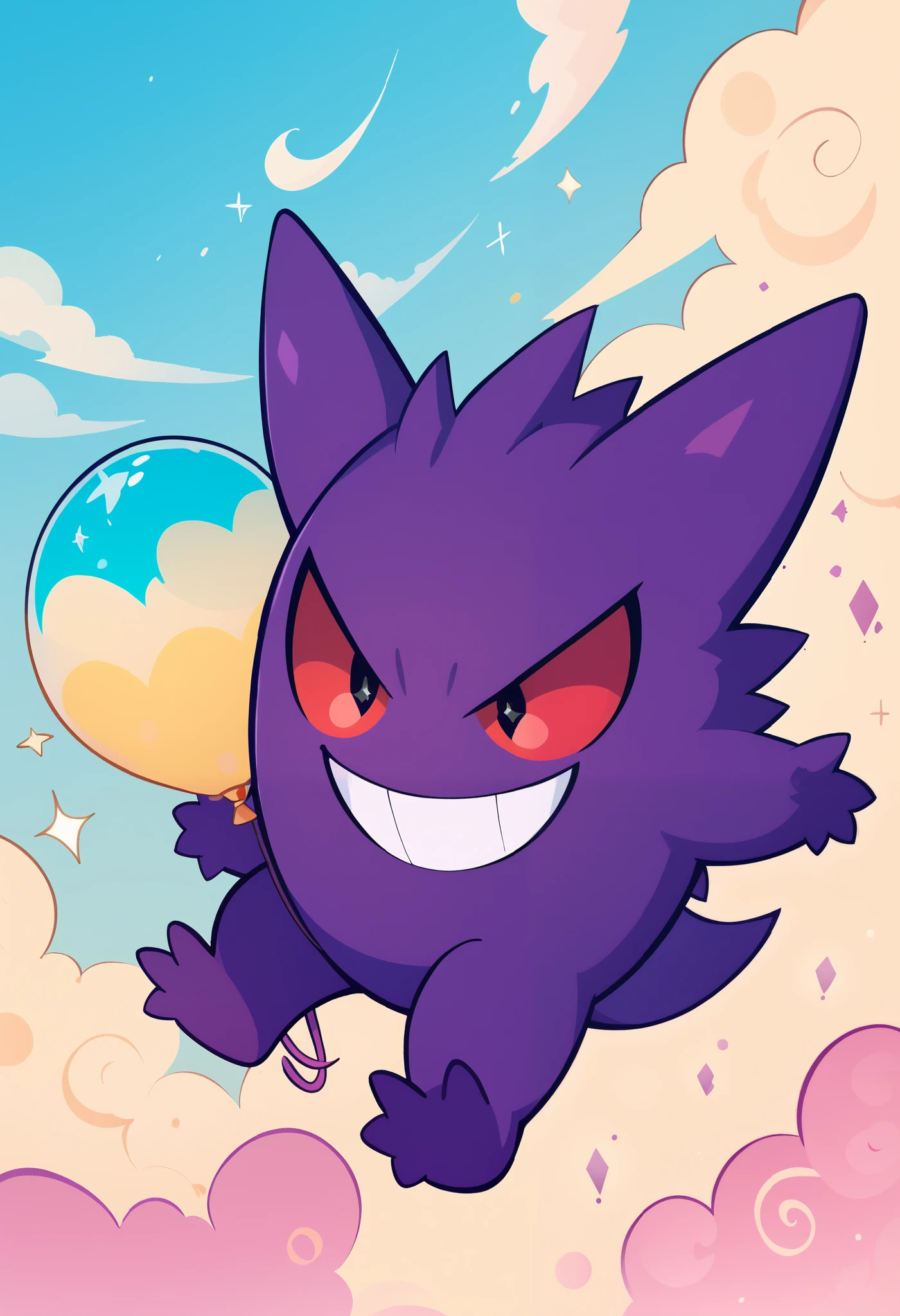 gengar, solo, no humans, red sclera, v-shaped eyebrows, black eyes, evil smile A mischievous floating ghost creature resembling a round purple monster with short limbs, spiky ears, wide grin, and red eyes, peacefully floating inside a shiny magical bubble in the sky. The creature is centered in the scene with sparkles around the bubble. Surrounding it are cute simplified cartoon-style creatures: a flying yellow bee holding colorful balloons, a tiny plant monster, a purple mouse, a soft pink blob, a brown fox with large ears, and a few others near curved ponds. The background is a clean, minimal cartoon landscape with rolling green hills, soft clouds, a round sun, light blue sky, and shimmering lakes. Everything is drawn in a pastel, 2D flat vector art style, with thick clean outlines, soft colors