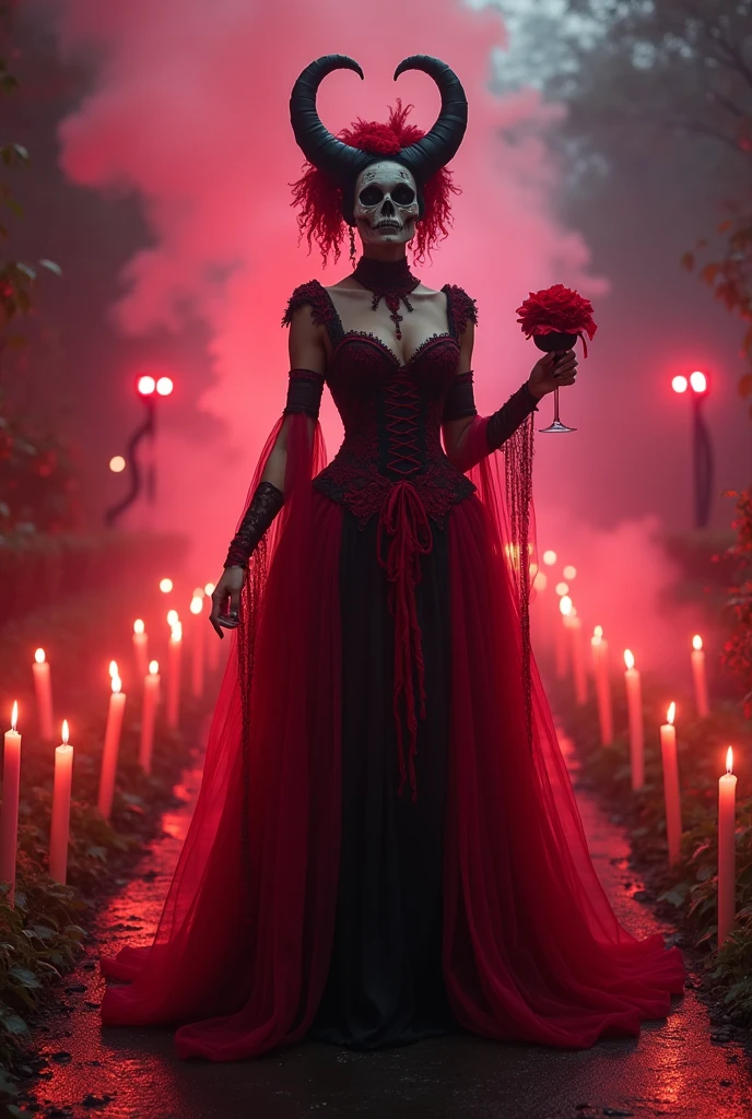 an elegant woman with long, dark hair wearing a vibrant dark red and black dress adorned with lace and intricate details. embroidery His skin is a light and striking tone, his face is like a skull, mixing beauty and macabre. In one hand, she delicately holds a skull and, in the other, a red rose, symbolizing her dual nature. She is in a dimly lit cemetery, surrounded by dimly glowing candles and fog, with shadows from old tombstones and crosses in the background. The atmosphere is eerie and slightly eerie, with a soft, reddish light highlighting its presence.