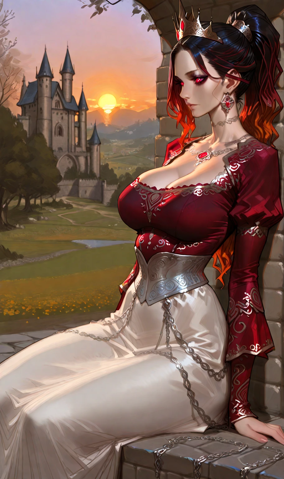 masterpiece:1.2, best quality), realistic, (real picture, intricate details, depth of field), (1girl, solo), make up, parted lips, highly-detailed, perfect face,
(huge breasts:1.4), (skindentation), thick thighs, wide hips, small waist, tall, glossy coral lips,
red hairs, red eyes,
(sweating:1.2), (wet), sexy, blushing,