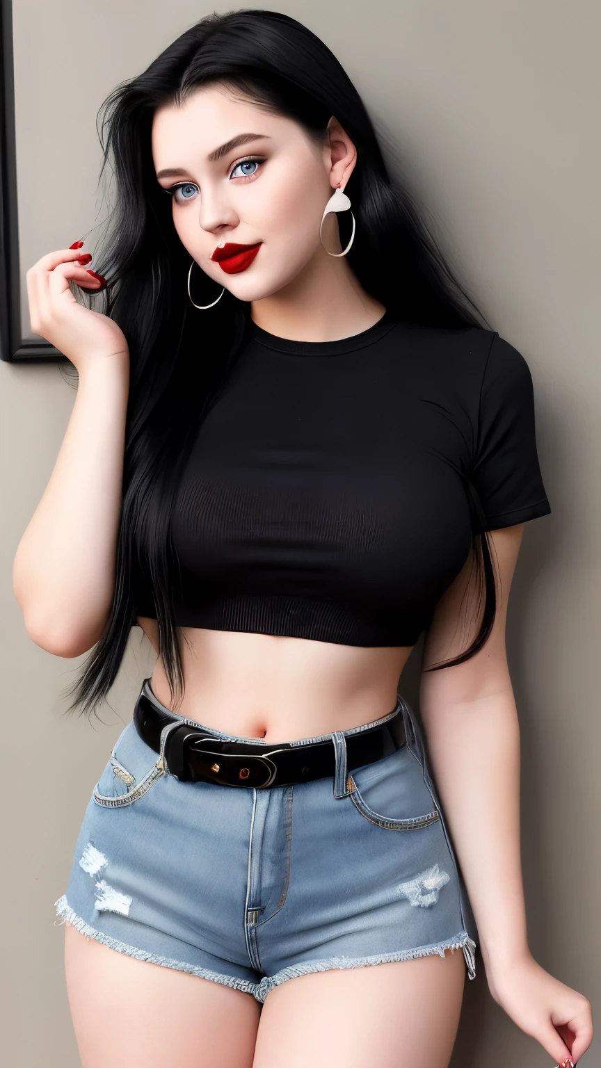 （Best quality details：1.2），make realistic，8K high-definition，ultra -detailed，High-quality textures，Complicated details，Detailed textures，finely detailled，high detailes，（Very detailed CG：1.38 ),High picture quality，Delicate, Beautiful and delicate face,Delicate beautiful and delicate eyes,ultra -detailed，make realistic,(detailedbackground)，[(Detailed face)：14]，(Detailed nose redness)，(Huge chest)，(High Detail Skins:1.4),Pale skin，(Black eye details:1.4),(with big eyes),（fidelity：1.4），araffed asian woman in denim shorts and a white top, photo of slim girl model, skinny waist and thick hips, korean women's fashion model, Korean girl, gorgeous korean young woman, sexy girl wearing shorts, Beautiful Korean woman, Beautiful young Korean woman, wearing tight simple clothes, 2 4 year old female model, photo of slim girl, Beautiful model girl