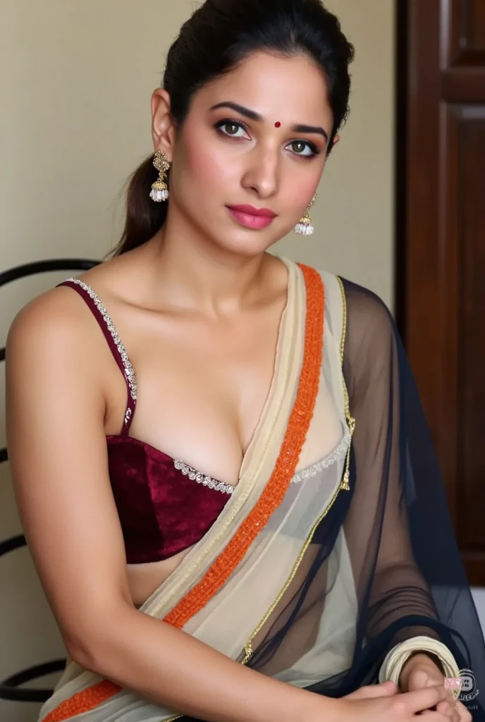no clothes, naked, 26 years old, Nsfw, castle background, exotic girl, indian, vivacious, looking at the viewer, shining skin, perfect lighting, the embodiment of grace and elegance, provocative pose, smiling seductively, (half saree), deep cleavage, Big breasts, curvy ass, clear curvy details, beautiful curves, detailed eyes, detailed pupil, long shining hair, volumetric lighting, Ultra Detailed, unity 8k wallpaper, ultra detailed, aesthetic, masterpiece, best quality, photorealistic
