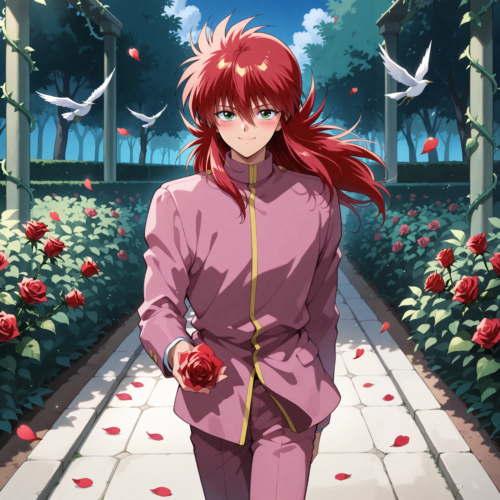 masterpiece, newest, absurdres, safe, 1boy, male focus, solo, Kurama, Yu yu hakusho, Kurama, YuYuHakusho, male, long_hair, red_hair, green_eyes, pretty_boy, bishounen, human_form, Shuichi_Minamino, school_uniform, dark_pink_uniform, long_sleeve_jacket, high_collar, matching_pants, neat, stylish, anime, 90s_anime, walking, smiling, vines, roses, offering a rose, flowery path, blushing, passionate look, looking at the viewer, red hair, leaf, garden, tareme, flipped hair, petals flying, wind, hair between eyes, wide shot, krm_yyh, dark pink clothes