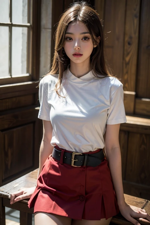 (masterpiece:1.3), (Highest quality:1.3),indoor,Bookshelf,window,alone,One girl, I have traveled_stout, Upper Body, Are standing,brown hair, brown eyes, alone, hairclip, Earrings, jewelry, short_hair, white_hat, Have, hair_ornament, brown_gloves, necklace, short_shorts, x hair ornament, red shorts, Braiding,