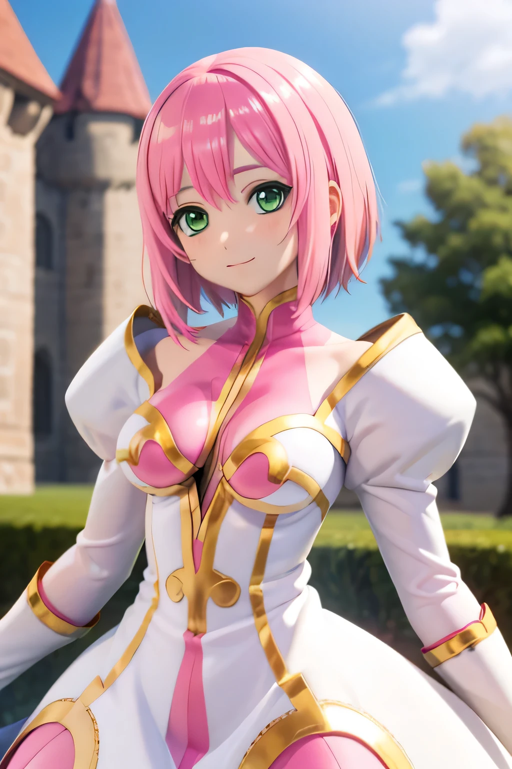 perfect anatomy　top quality,highest resolution,(((White shiny dress　green eyes　shiny pink hair　small breasts　shiny skin)))　Estellise　[blurry]　16K　Castle