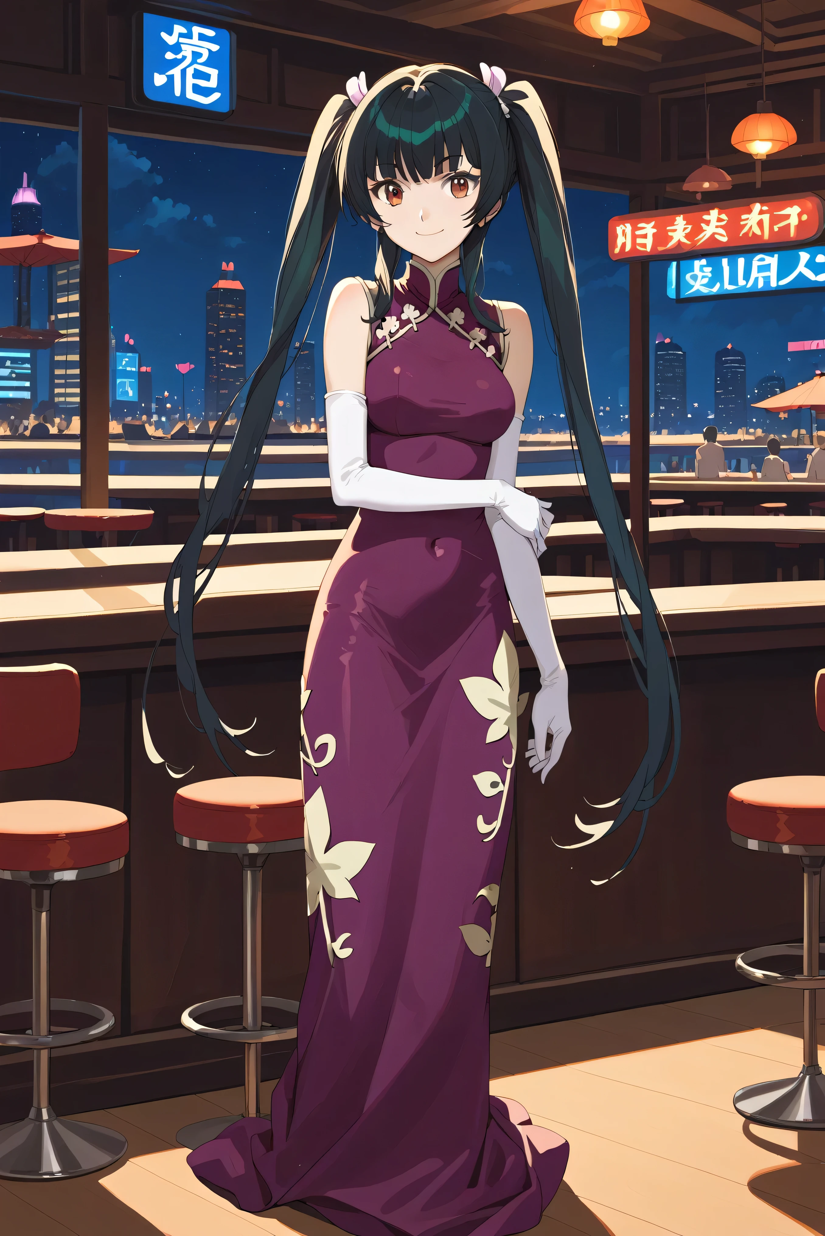 score_9, score_8_up, score_7_up, , score_anime, Wang Liumei , 1 girl, solo,   van cover, double bang, China Dress, twin blade, dark green hair, cowboy shooting, very long hair, brown eyes, is standing, evil smile, pink above elbow gloves, sleeveless, purple dress, watching viewers, big  on the floor,  dull forearms on the back ,  Hair on the back , tilts its head,  night sky,    club, indoor,  bar, casino,
