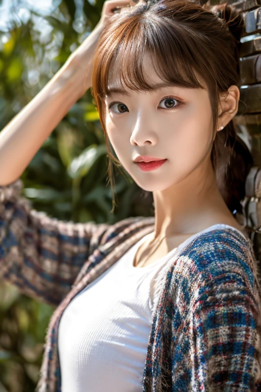 (Lifelike,masterpiece, hight resolution:1.3), 1 girl with a perfect body, super fine face and eyes,length hair, blouse scop neck top, Short jeans, Very big ,Exposed navel、gals, ((full body photography))