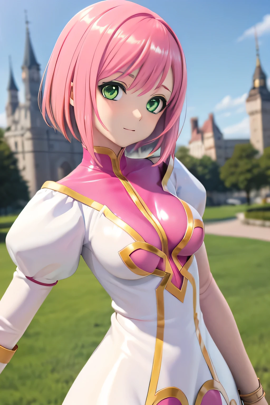 , blue eyes, short wavy hair, elf, girl, , , pink hair