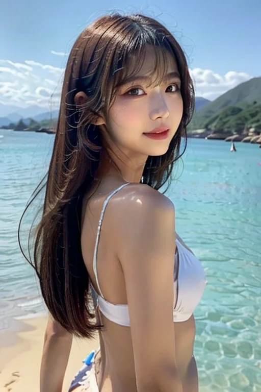 (logo、masterpiece、、Tabletop、RAW Photos、wonderful、最high quality、Aristocratic high resolution CG composite 8k wallpaper、high quality、Very detailed、Narrative poem、Particle Effects、Dynamic Effects、Depth of the Boundary、Cinematic Light、Lens flare、Ray Tracing)、One Girl、Beautiful Skin、比基尼、Pink clothes、Pink Swimsuit、ピンクの比基尼の水着、soaked、Kneel、Black Hair、Portraits of famous actresses of Japan、smile、Beautiful curves、chest、Chestchest cleavage、glamorous、Chubby body type、BIG ASS、Waistline、bangs、eyelash、Big eyes、Seaside、Very beautiful sky、Very beautiful sea、Dynamic Angles