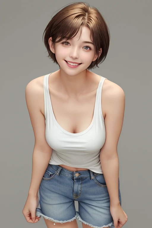 Highest quality, shape, Very detailed, In detail, High resolution, 8k wallpaper, Perfect dynamic composition, Beautiful details, Center of chest, Natural color lip, Random sexy poses,smile,20-year-old girl,Huge , T-Shirts, A photo of a woman with short hair and a serious expression