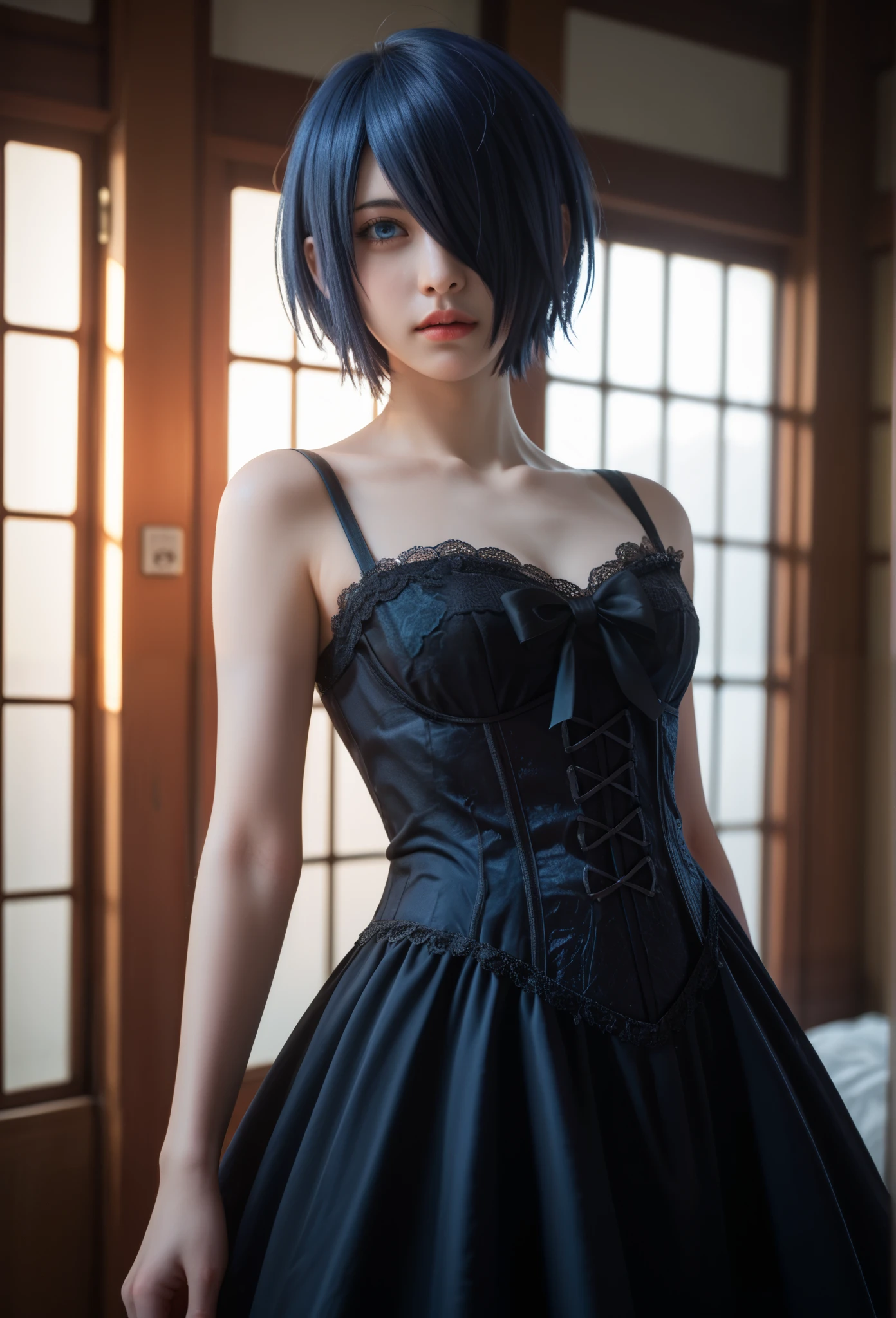 Kirishima Touka , Tokyo ghoul > "Hyper-realistic gothic girl, short dark blue hair covering one eye, deep blue eye, perfect skin , wearing a detailed red and black corset dress with lace and ribbon details, dark fantasy atmosphere, cinematic lighting, ultra HD, intricate details, volumetric lighting, 4K render.",cinematic lighting, soft shadows, volumetric light , perfect smooth skin, delicate facial features, anime-style eyes, slight soft glow
Kirishima Touka from Tokyo hairstyle