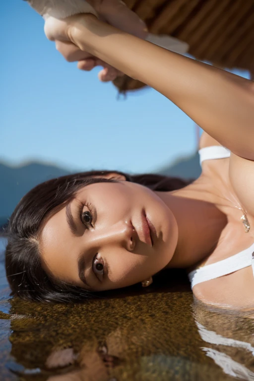 masterpiece, best quality, extremely detailed, hyperrealistic:1.1, photorealistic, a beautiful 20s russian model, ultra detailed face:1.1, sunglasses on head:1.1, navy bikini, black hair, lying down, from above, ultra detailed bed room, laughing, eye closed