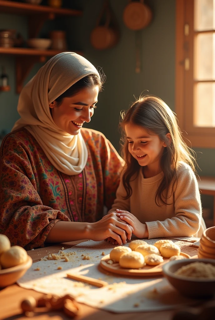 La belle femme arabe peigne les cheveux de sa fille avec un peigne sur le toit de la maison. Elle porte un pyjama marron transparent, avec une couverture en laine marron sur la tête. Une fille portant un jean et portant un petit miroir.