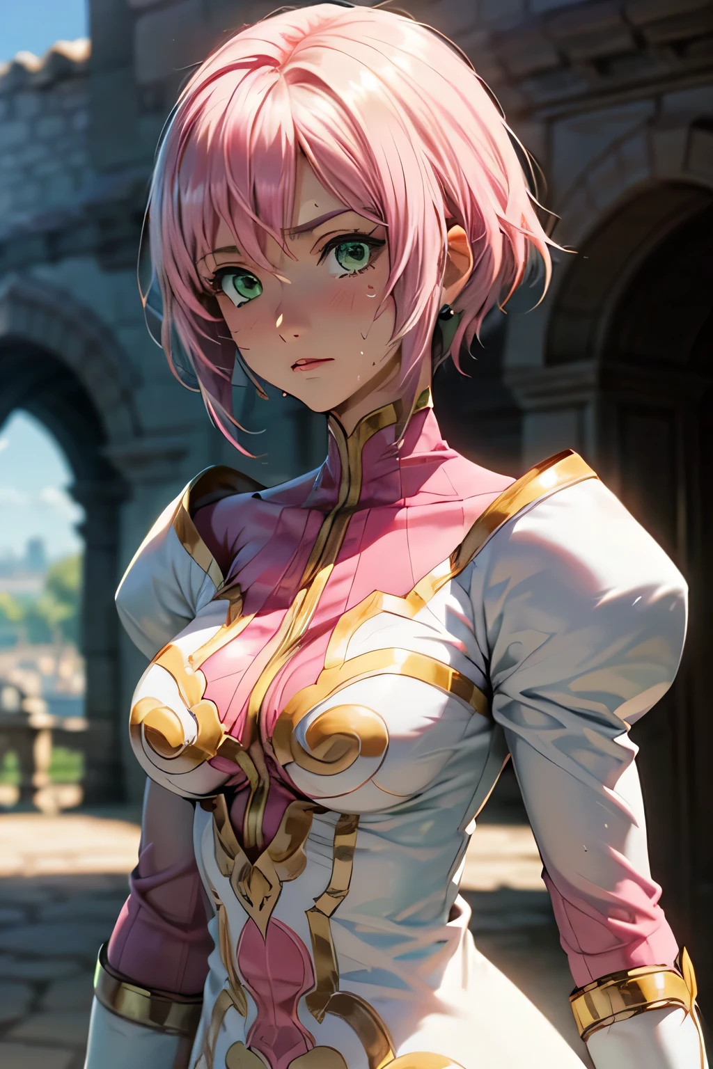 perfect anatomy　top quality,highest resolution,(((White shiny dress　green eyes　shiny pink hair　small breasts　shiny skin　sweat)))　Estellise　[blurry]　16K　Castle