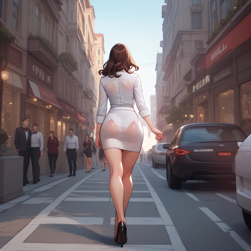 lifelike, high - resolution, full body, girl with a perfect body, amazing beauty, extraordinarily attractive, Super fine face and eyes, beautiful smile, long red hair, tight sundress black dress, big busty, colossal, Exposed cleavage, bare chested, wet, flip flops, pretty feet, perfect feet, perfect toes, detailed feet, pretty toes, standing in a parking lot, from the back, looking over shoulder, bending over, dress is see through, buttocks visible, sunlight shines on the butt of the dress showing whats underneath, making it see-through, face perfect normal, buttocks crack visible