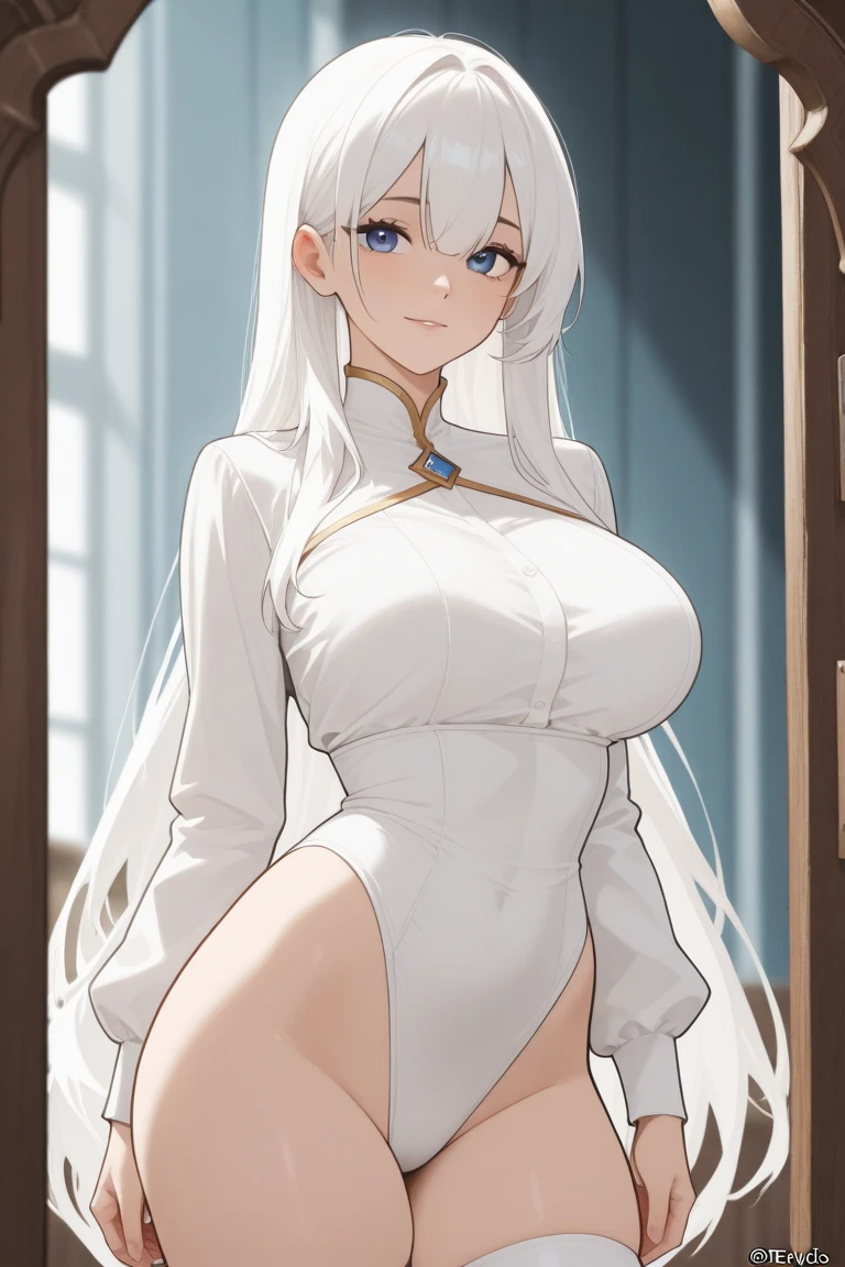 Beautiful elf, (mature face:1.4), white hair, (full body shot:1.4) round perky boobs, medium size, black choker, glasses, fully , blushing, sweaty