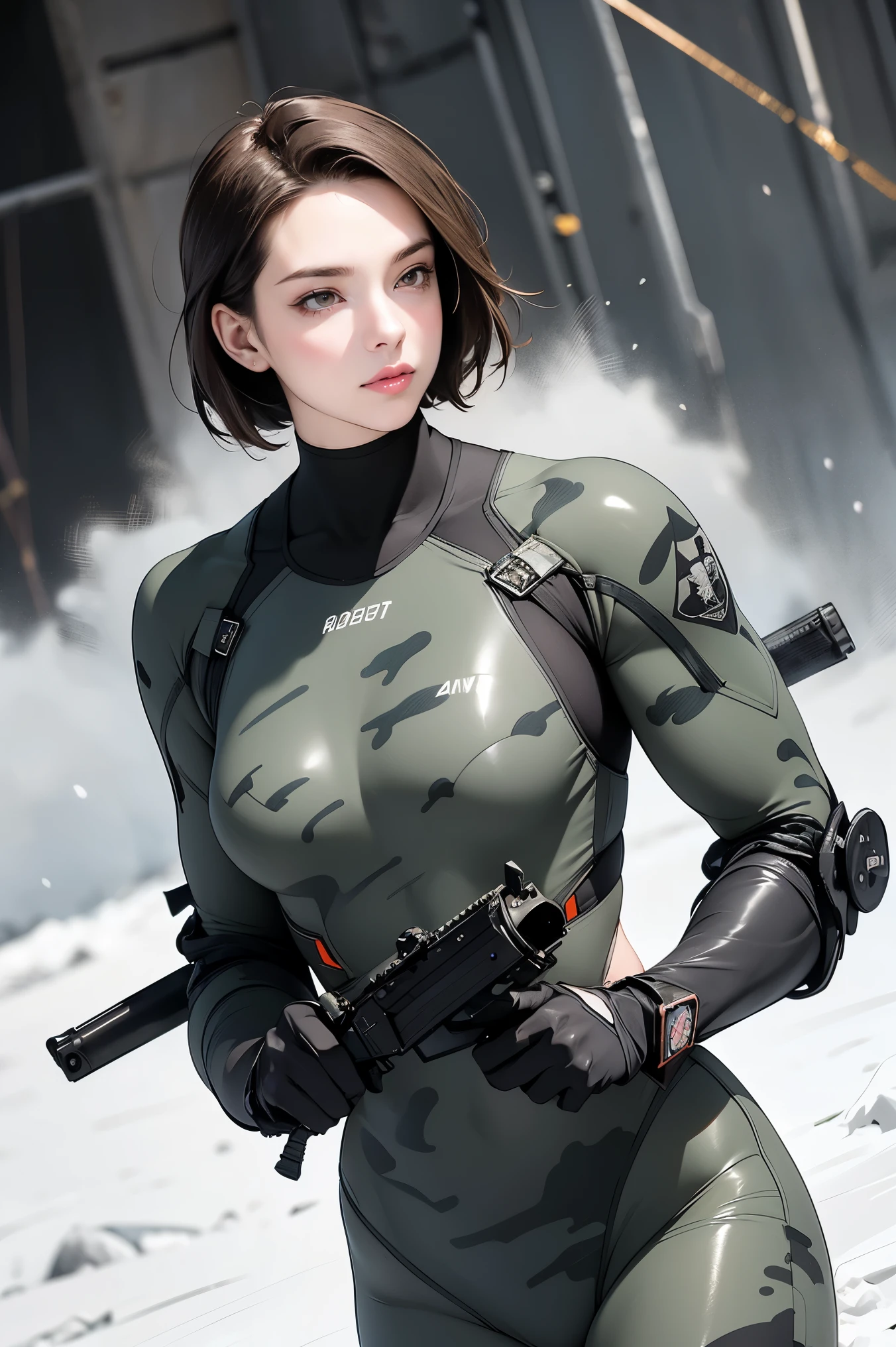 Browsing Caution, Anime screenshots, 16K, A body with perfect anatomical proportions, Perfect hands, action, Dynamic composition with a sense of speed and movement, (Hold an assault rifle:1.6), wife, 40 years old, Perfectly beautiful, delicate and sexy face, Perfect and beautiful delicate eyes, Brown Hair, Short Bob Hair, huge , Abdominal muscles, Camouflage colored heavy armor steam engine full armor power suit, Many heavily armored robot soldiers engaged in a gunfight in the background., flying bullets, Snowy battlefield, war, Post-apocalyptic,
