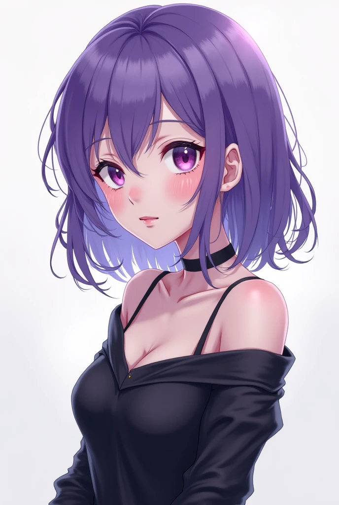 (masterpiece, best quality, ultra high res, beautiful detailed hair detailed face, perfect feminine face), akino sayuri, General, 1girl, alternate breast size, black bra, black choker, black sweater, blush, bra, breasts, choker, cleavage, collarbone, embarrassed, fingernails, gigantic breasts, hair behind ear, hair ornament, hairclip, hand on own shoulder, long hair, looking down, mole, mole under eye, off-shoulder sweater, off shoulder, parted lips, pink background, pink nails, purple eyes, purple hair, ribbed sweater, sharp fingernails, solo, sweat, sweater, underwear, upper body