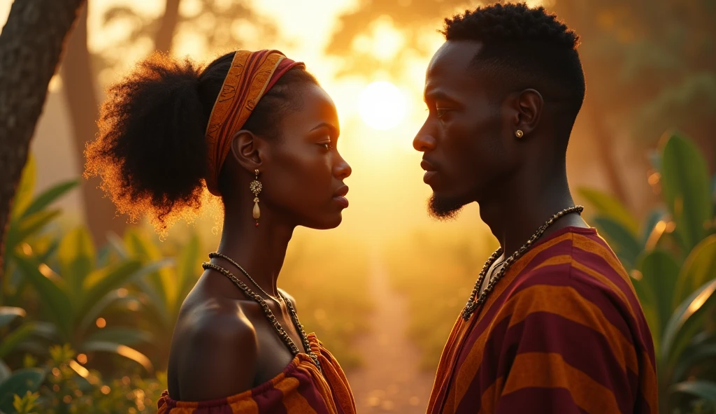 1419; (masterpiece, best quality) destroyed city(Cuazulo-Natal) roses on the floor; flowers on the ground; 1Zulus african warrior hugging you affectionately his wife(close-up);spears on the floor.; fire around.
