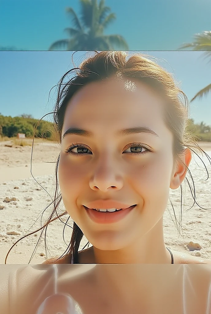 une femme prend un selfie fisheye sur une plage au coucher du soleil,sourire,le vent souffle dans ses cheveux en bataille. La mer s'étend derrière elle,créant une esthétique et une atmosphère époustouflantes avec une note de 1.2.,clivage
