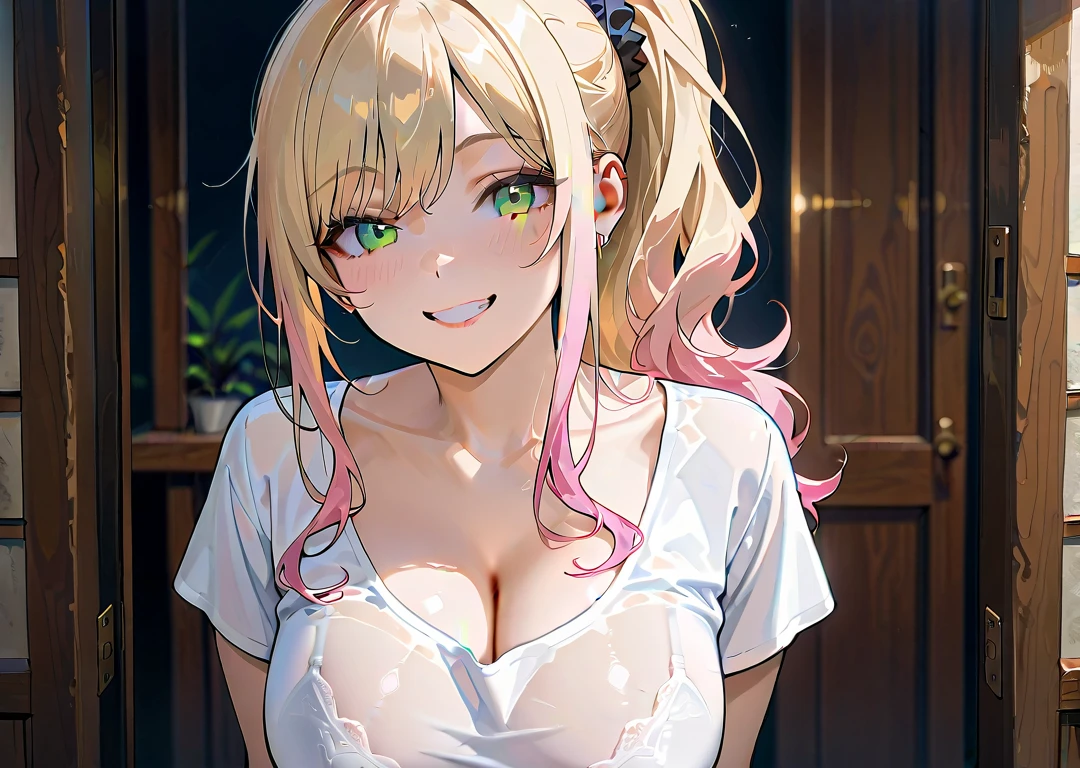 (Highest quality:1.2, Anime artwork, Very detailed, Attention to detail, digital coloring, High Contrast, masterpiece:1.2, Highest quality, Best aesthetics), (((kitagawa marin, 1 girl))), ((Green Hair、Pink mesh, Medium short hair catalogue, Clean gradient hair, Red eyes、Magenta Eyes)), Earrings, White shirt, Black choker, Check skirt,, smile, Are standing, Cowboy Shot, Sunset on the beach、Detailed Background,Big Breasts:1.1 、Cleavage、Lightweight shirt、(Pink underwear、Underwear is visible)、Perfect hands、Beautiful fingertips、The enchanting Bose、