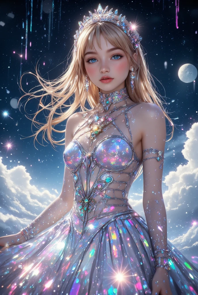An ultra-high picture quality、(((full body Esbian)))、frontage、bilaterally symmetrical、((The background is a very dark Milky Way))、(((Planktonic)))、colourfull、muitoリアルHuman texture、 (((14 years old very cute beautiful skinny prague white girl)))、((Very white skin of a 14-year-old Caucasian girl with blood vessels showing through))、(((very long and high nose of a white woman,,,,,,,,,,,,,,,,,,,,,,,,,,,,,,,,,,,,,,,,,,,,,,,,,)))、(((Under the short nose)))、(((no-makeup)))、( Height 164 cm、head length 20 cm、leg length 82 centimeters,)、Normal shoulder width、Long arms、long subumbilical、long neck、Long below the knee、Small hips、Thin little face、Natural double eyelids、 (1girl in:1.3), Light persona, Dark Persona, mind control, fractral, ceiling, Artistic background, Geometric, organics, blessings, favor, noble, unfolded, elucidation, Anti-gravity, Antimatter, holy, Sacred, spiritual, Dignified, Luminescent, Holographic, About Magic Circle, photons, scales, Beak,(artistic)、(((The most fantastic bright light blue eyebrows))),,(((Ultra high resolution pale light blue silver hair and silky thin shiny eyebrows,,)))、(((Super luxury petite see-through western princess dress full of luxury accessories)))、(((Beautiful white skin with hair and pores,)))、(((Extremely delicate and brightly colored targets)))、(((Beautiful glowing caucasian woman with bright light blue iris iris eye with ultra high definition pattern)))、(((I love you))),(((Small drooping eyes with a gentle feeling)))、(((very thin eyelashes)))、(((Realistic naked eye)))、High Definition Lip、(((Cute girlish hairstyle spreads softly.................................................)))、(((A Princess)))、(((large chest directed upwards in a very three-dimensional pointed shape,,,,,,,,,,,,,,,,,,,,,,,,,,,,,,,,,,,,,,,,,,,,,,,,,)))、(((Dreams)))、(((Your imagination)))、(((Fluffy High Half Twin Tail Hair)))、Luxurious Princess Tiara、Luxury Princess Necklace、(((Looking at the camera)))、(((A gaze to look here)))、((With movement))、(((valkyrie))