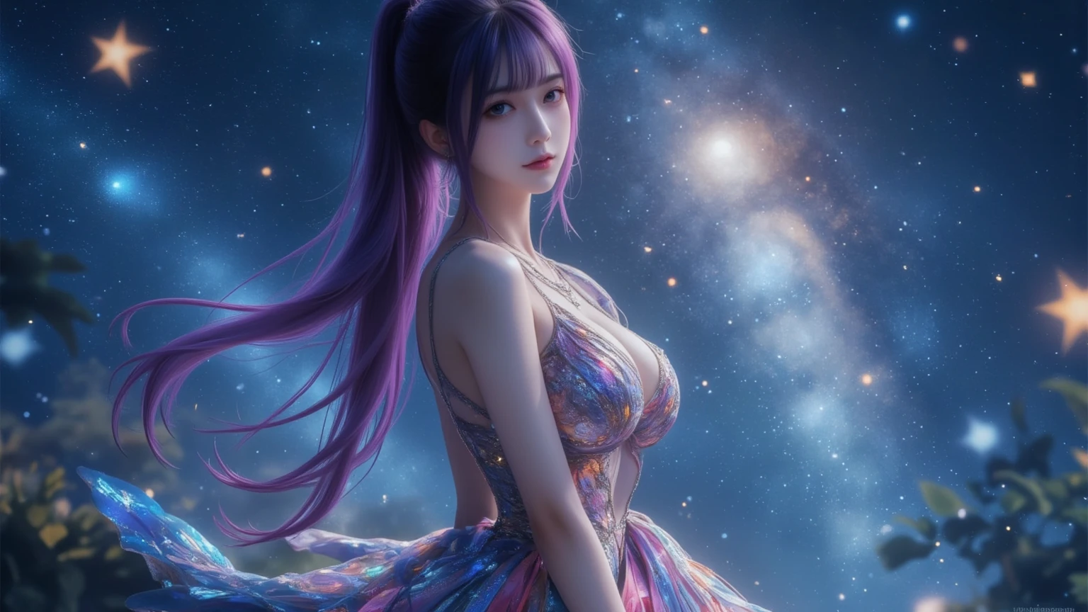 ＡＩBeauty、Prompto riding a unicorn、constellation、Night Sky、starry sky zoo、Real Beauty、Show off your whole body、Purple Hair
