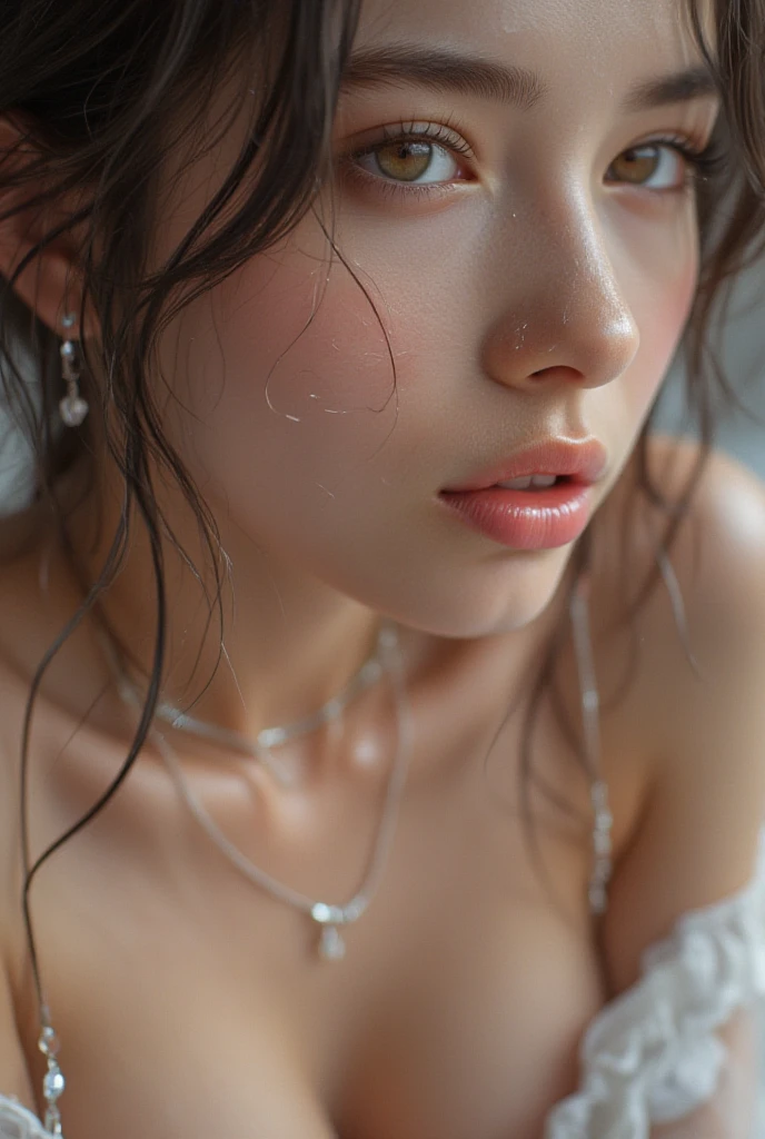 Ultra-high-precision imaging, RAW image quality, Close-up of cleavage only, Sunburned skin, Sweat-dripping skin:1.4, High-precision sweat depiction, Colossal tits, 电影灯光, 150mm macro lens, Ultra-precise skin texture, High-precision CG image quality, Angle from the front,