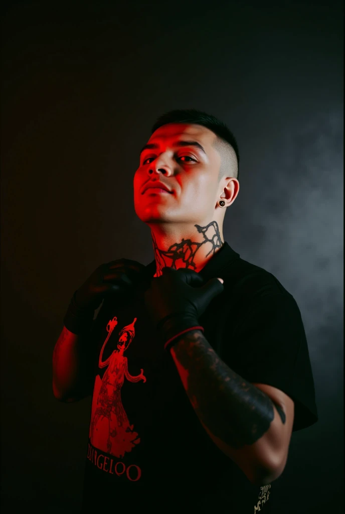 a portrait of man, black t-shirt, tattoo on both arm, pearcing