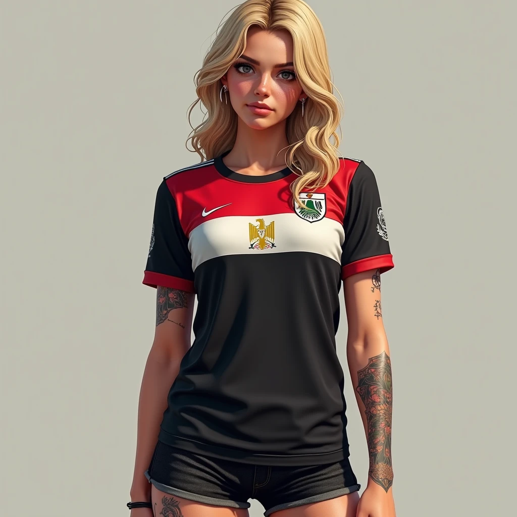 The concept character sheet of a strong, attractive, and hot soccer woman, soccer style, wearing black and white jersey. Her face is oval, forehead is smooth and visibly rounded at the temples. jawline is softly defined, giving her a gentle and feminine appearance, full body, Full of details, frontal body view, back body view, Highly detailed, Depth, Many parts, ((Masterpiece, Highest quality)), 8k, Detailed face, scars, serious expression. Infographic drawing. Multiple sexy poses. tattoos,3d, (braids green), (light green eyes), choker