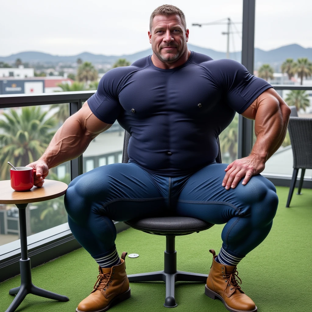 full view full body, A white bodybuilder male with undercut light-brown haircut, eating protein powder in bowl, is wearing a tight lycra dark-green shirt and dark-green lycra shorts, green lycra socks and white Nike air max trainers, flexing his over-Muscular arms showing off over-bloated triple biceps bigger than his head .he has enormous muscles and over-bloated pecs, over-inflated shoulders and back, sitting at a table in popular restaurant, socks and shoes must be seen