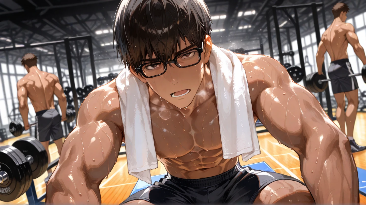 shirtless, super muscular, sweat-drenched body, 22-year old short black hair handsome caucasian male wearing white gym shorts, resting on the bench, holding a bottled water, sweating in the gym