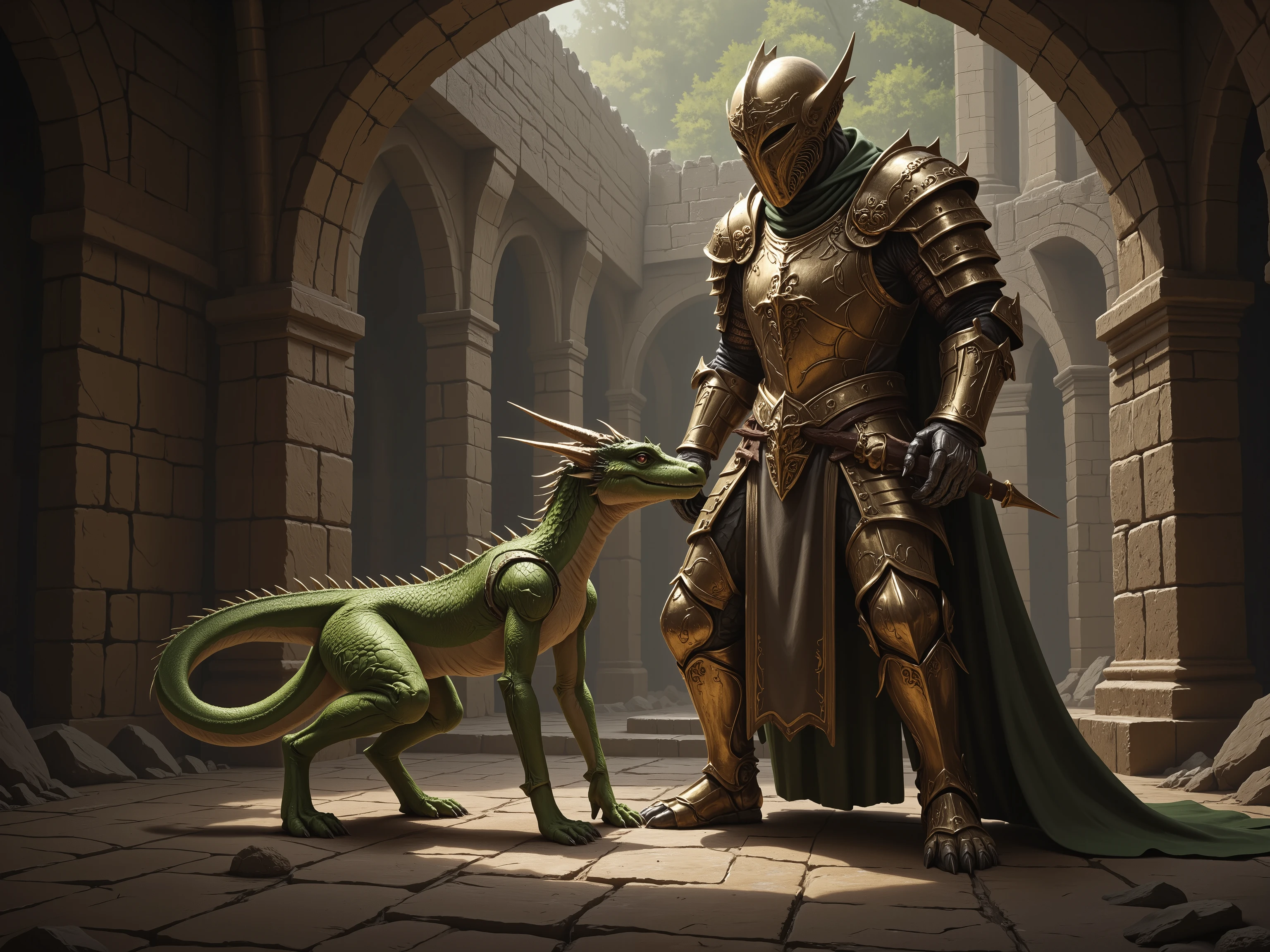 An illustration of two fantasy Dungeons and Dragons 5th edition characters. a dragon, its a young green dragon, one spiky fin running down the middle of its neck. slim and lanky, thin arm and legs. The dragon is standing on the ground on all fours, closed mouth looking at the viewer. an elf knight stands near the dragon the top of the elf knight’s helm is slightly above the shoulder of the dragon. The elf knight is 6 feet tall and wears fancy shiny plate mail armour.